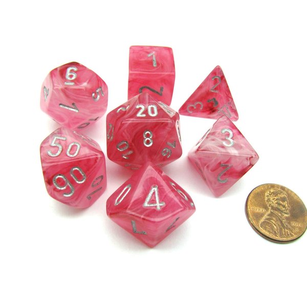 Chessex Polyhedral 7-Die Ghostly Glow Dice Set - Pink with Silver Numbers