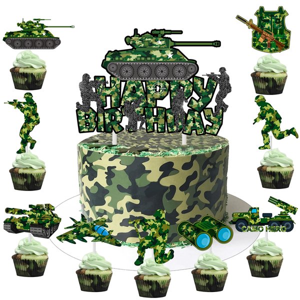 Camoufalge Birthday Party Cake Topper Camo Cupcake Toppers Camo Gree Happy Birthday Cake Decoration for Army Soldier Military Theme Baby Shower Supplies