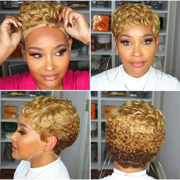 QITAQOTA Short Pixie Cut Wig Short Wigs For Black Women Machine Made Wig Wigs for WomenFinger Wave Wig Pixie Cut Wave Wig Glueless Blond 150%