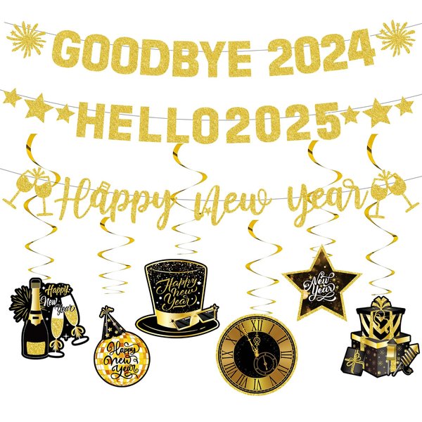 Gold Glitter Goodbye 2024 Hello 2025 Banner Happy New Year Banner New Year Hanging Swirls Decorations for New Year's Eve Party Supplies Happy New Year Decorations 2025