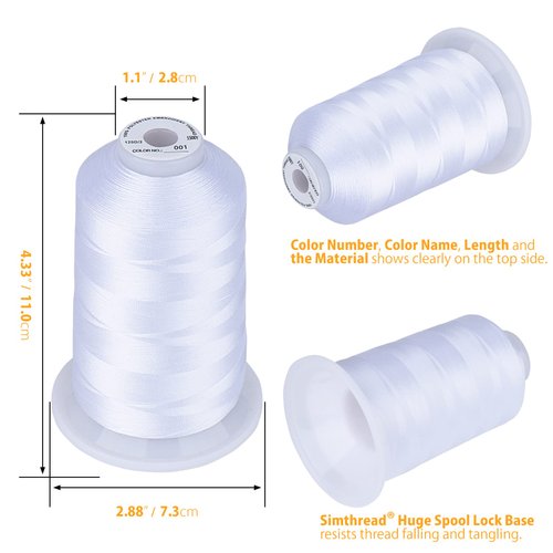 Simthread Embroidery Thread 5500 Yards White 001, 2 Huge Spools 40wt Polyester for Brother, Babylock, Janome, Singer, Pfaff, Husqvarna, Bernina Machine