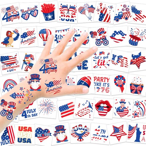 HOWAF 4th of July Fake Tattoos 96 pieces Fourth of July Tattoos Stickers Set, American Independence Day Temporary Tattoos for Kids, USA Flag Red White & Blue Tattoos for Labor Day Party Favors