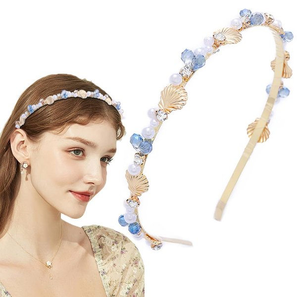 Yovic Pearl Crystal Headbands Seashell Starfish Hairbands Thin Rhinestone Headpieces Mermaid Hair Accessories for Women and Girls (Seashell)