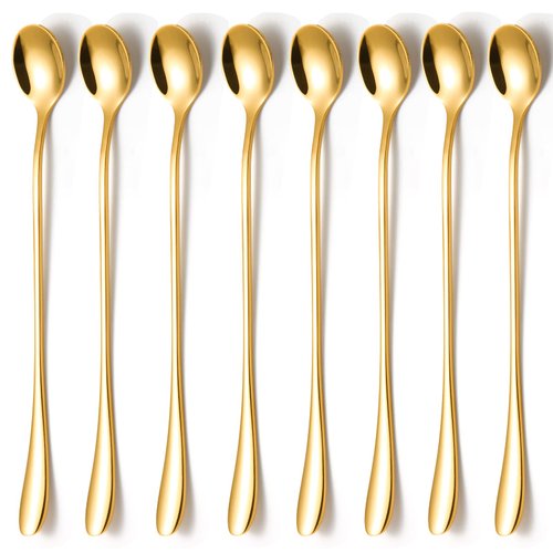 KITWARE Gold Ice Teaspoons Set of 8 Pieces, 7.7 inch Long Handle Spoon, Stainless Steel Coffee Spoons, Cocktail Mixing Spoons, Mirror Polished Bar Spoon