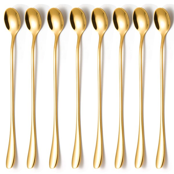 KITWARE Gold Ice Teaspoons Set of 8 Pieces, 7.7 inch Long Handle Spoon, Stainless Steel Coffee Spoons, Cocktail Mixing Spoons, Mirror Polished Bar Spoon