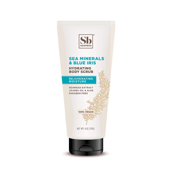 Soapbox Gentle Exfoliating Body Scrub ? Sea Minerals & Blue Iris ? 6oz ? Moisturizing Body Scrub for Visibly Smoother Skin with Coconut Oil and Aloe Vera