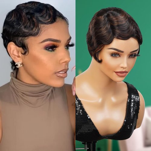 INSTANT FAB Finger Wave Human Hair Wigs for Black Women Short Curly Remi Human Hair Wig Pixie Cut Wigs Nuna Wigs Non Lace Front Wigs (FS1B/30)