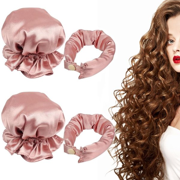 HSFADYYN 2 Sets/4pcs Heatless Hair Curler, Satin Heatless Hair Curler with Hair Caps, Clip, for All Hair Types (Pink)