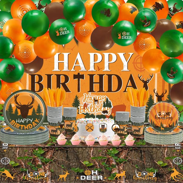 165 Pcs Hunting Birthday Party Decorations Deer Birthday Party Decorations Includes Hunting Backdrop Balloons Cake Cupcake Topper Plates Paper Cup Knives Forks Spoons Tablecloths(Backdrop)