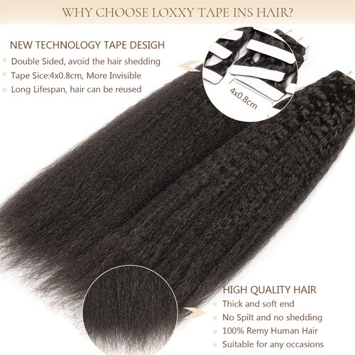 Loxxy Black Tape in Hair Extensions Human Hair Kinky Straight Textured Seamless 16Inch 40pcs 100g Remy Tape in Extensions For Black Women Double Sided Full Head