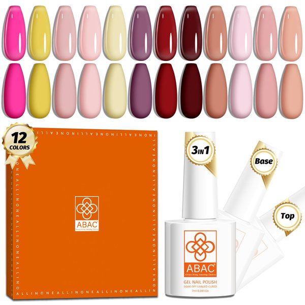 ABAC One Step Jelly Gel Nail Polish Set 12 colors Spring Summer Nude Pink Translucent Pastel Gel Nail Polish Neutral Sheer Red Brown Gel Polish Kit Soak Off UV Nail Polish Gift for Women