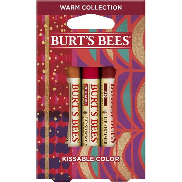 Burt's Bees Kissable Color Holiday Gift Set, 3 Lip Shimmers in Gift Box, Warm Collection in Peony, Fig & Rhubarb