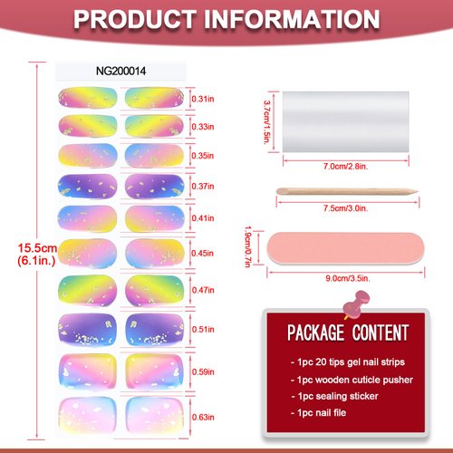 WOKOTO 20 Pcs Aurora Colorful Semi Cured Gel Nail Strips with Nail File & Wooden Stick Rainbow Gradient Color Semicured Nail Polish Strips Uv Gel Nail Polish Stickers Full Nail Wraps for Women