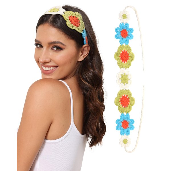 AWAYTR Crochet Headbands for Women Hippie Headband Bandana Tie-Back Knit Headband for Girls Wide Head Bands Floral Crochet Headwrap (Blue + Green)