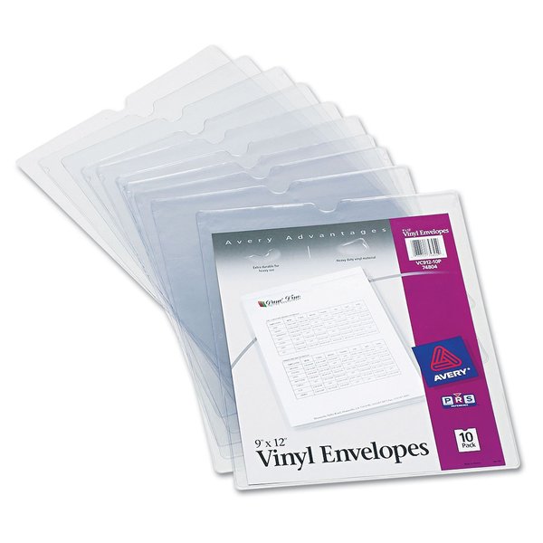 Avery File Envelopes, 9" x 12" Travel Document Organizer, Holds up to Sheets, 10 Clear Vinyl Envelopes (74804)