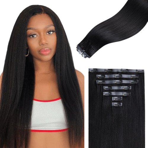 IDN BEAUTY Seamless Clip In Hair Extensions Human Hair, Yaki Straight 14 Inch 110g 7pcs Natural Black Remy Virgin Human Hair Seamless Clip Ins For Black Women PU Weft Invisible Edge