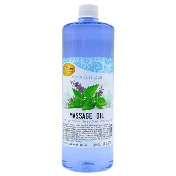 SPA REDI - Massage Oil, Mint Eucalyptus, 32 Oz - Professional Full Body Massage Therapy, Manicure, Pedicure - Relax Sore Muscles and Repair Dry Skin, Enhanced with High Absorption Oils and Vitamin E