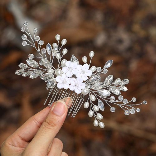 Unsutuo Flower Bride Wedding Hair Comb Silver Crystal Bridal Hair Accessories Pearl Hair Piece for Women and Girls