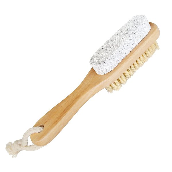 Aisilk Foot Natural Bristle Brush & Pumice Stone Combo W/Rope Wooden Handle - Exfoliator Pedicures Calluses Remover - Smoother Body Skin, feet, Elbow Scrubber for Massage SPA Sauna and More