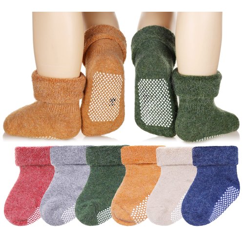 Eyean Baby Wool Grip Sock Soft Winter Warm Thick Non Slip Toddler Boy Girls Crew Socks For Children 6 Pairs (Solid Color, 1-3 Years)