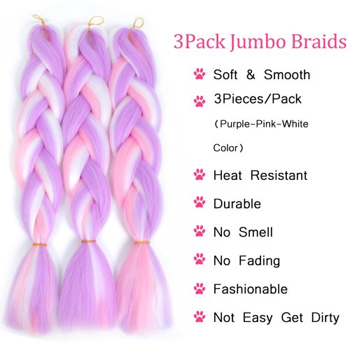 Jumbo Braiding Hair Extensions Hight Quality Bubble Braids Hair Extensions 24inch Colored Braiding Hair Pre Stretched Soft Pink Hair for Braids 3PCS(Purple-Pink-White)