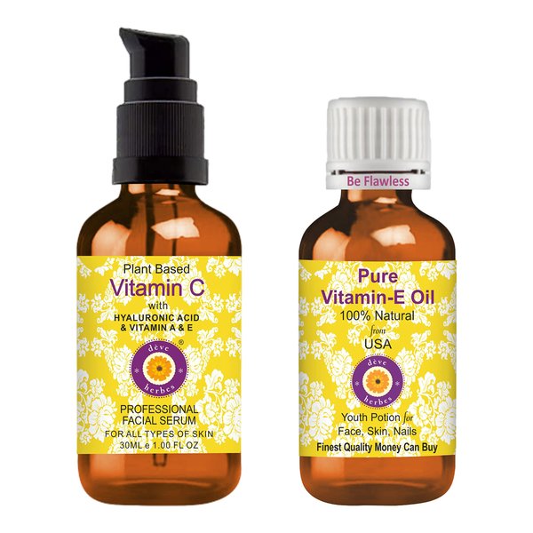 dève herbes Plant Based Vitamin C Face Serum with Hyaluronic Acid & Vitamin A & E for Personal Care 30ml (1 oz) + Pure Vitamin E Oil 30ml (1 oz)