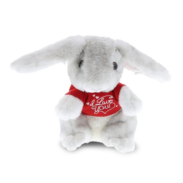 DolliBu I Love You Valentine Plush Grey Rabbit - Cute Stuffed Animal with Red Shirt and Name Personalization Gift for Valentines Day, Birthday, Anniversary, Romantic Date - 4.5 Inches