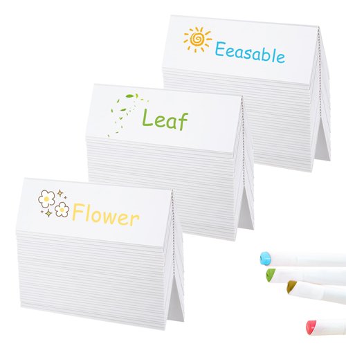 100 Pcs Name Tent Cards, Reusable Acrylic Name Tent Cards with Black Markers Dry Erase Name Plate Wipe Clean Desk Tags Sign for Dinner Weddings, Classroom Office (8.66" x 2.76" x 1.9")
