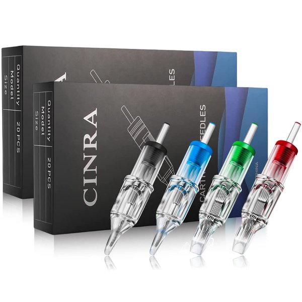 Tattoo Cartridge Needles, CINRA 40Pcs Tattoo Needles Mixed Needle Cartridge 1003RL 1005RL 1007RL 1207RS 1209RS 1207RM 1207M1 1209M1 Round Liner Shader Magnum Cartridge Needles for Tattoo Supplies