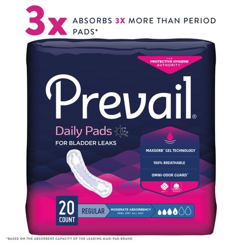 Prevail Incontinence Bladder Control Pads for Women, Moderate Absorbency, Regular Length, 20 Count