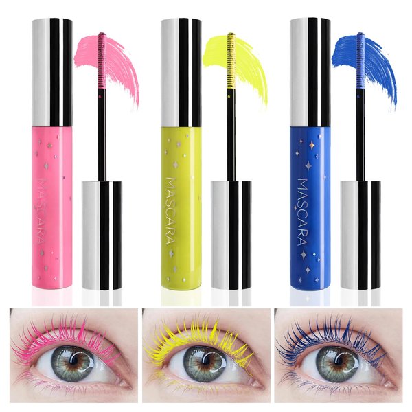 DAGEDA 3 Colors Colored Mascara Set, Pink Yellow Blue Long Lasting Smudge-proof Mascara, Charming Mascara for Eyelashes Makeup, Colorful Mascara with Bristleless Mascara Brush