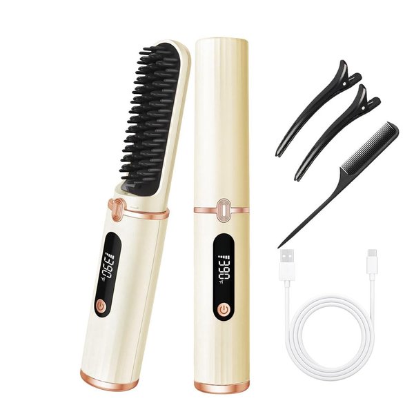 Cordless Hair Straightener Comb,Hair Straightening Iron with Built-in Comb,Negative Ion Hot Comb Hair Straightener,Anti-Scald Hair Straightener Brush,for Home,Office,Travel and Gift (Cordless,White)
