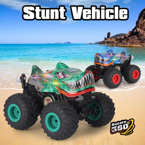 huajuze Remote Control Car, 2.4Ghz All Terrain Dinosaur Monster Truck Toys, RC Truck with Music, 3 Lighting Effects, 360 Stunt Capable, All Included Ready to Run, Toy Gifts for Boys and Girls (Green)