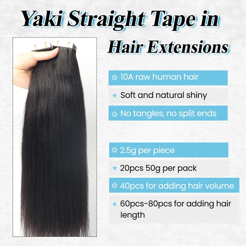 Yaki Human Hair Tape in Extensions for Black Women Yaki Straight Tape in Hair Extensions Real Human Hair Tape ins for Black Girls Invisible Tape in Hair Extensions Human Hair Tape ins Extensions 12”