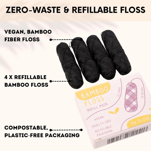 ECO ROOTS Organic Bamboo Floss Refill x4 Rolls, Eco Friendly Dental Charcoal Floss | Reusable & Vegan Bamboo Tooth Flossers | Zero Waste, Plastic Free, Biodegradable