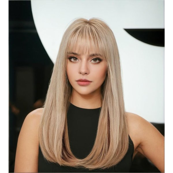 Allbell Blonde Wigs for Women Straight Synthetic Wig with Bangs Heat Resistant Natural Looking Wigs for Daily Party Use 20inch