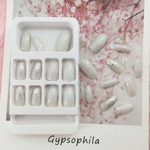 Coffin Press on Nails Short Acrylic Nails Silver Glitter Sequins Fake Nails Designs Artificial Glue on Nails Glossy Short Ballerina Stick on Nails for Women 24 Pcs / 12 Size
