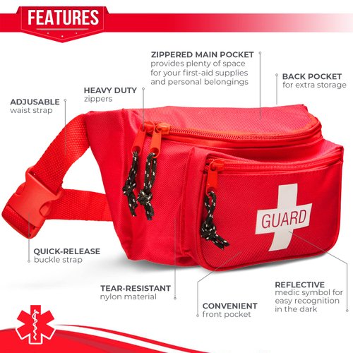 NOVAMEDIC Pack of 3 First Aid Empty Fanny Pack, 8"x2"x6", Waist Bag with 3 Zippered Compartments & Adjustable Strap for Lifeguard, Hiking, Travel Men & Women, Durable, Red