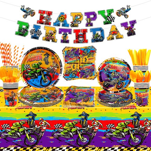 Dirt Bike Birthday Party Supplies, Includes Happy Birthday Banner, Plate, Napkin, Cups, Tablecloth, for Kids Boys Girls Motorcycle Extreme Sports Birthday Decorations Serve 20