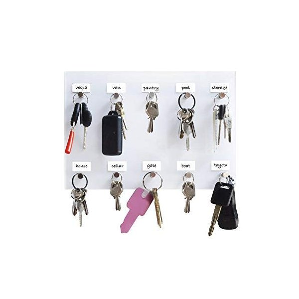 iZer Key Rack with Labels, Permanent Marker & Mount Tape. Holds 10 Keys with Stainless Steel Hooks. Acrylic Key Holder & Organizer