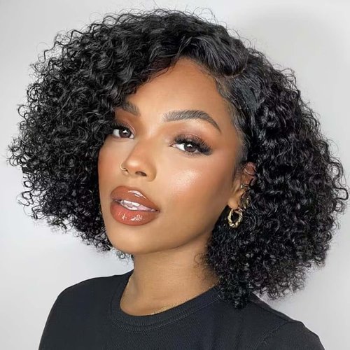 Short Curly Bob Wig Human Hair Deep Wave 13x4 HD Lace Front Wigs Human Hair for Black Woman Water Wave Glueless Wigs Human Hair Pre Plucked 180% Density Natural Color 10 Inch