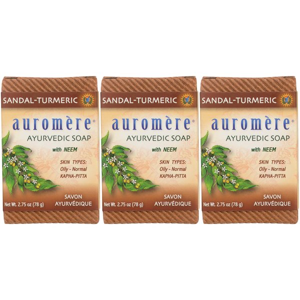 Auromere Ayurvedic Bar Soap, Sandal Turmeric - Eco Friendly, Handmade, Vegan, Cruelty Free, Natural, Non GMO (2.75 oz), 3 pack