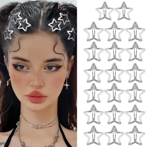20 PCS Star Snap Hair Clips Silver Y2K 2000s Hair Accessories Non Slip Star Clips for Girls Women Star Hair Clip