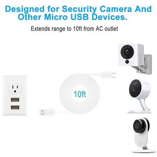 10FT USB Power Extension Cable for Wyze Cam,WyzeCam Pan,YI Camera,NestCam Indoor,Netvue,KasaCam,Furbo Dog,Blink,Cloud Cam,Long USB to Micro USB Charging Charger Cord for Wyze-Cam v3 v2 Security Camera