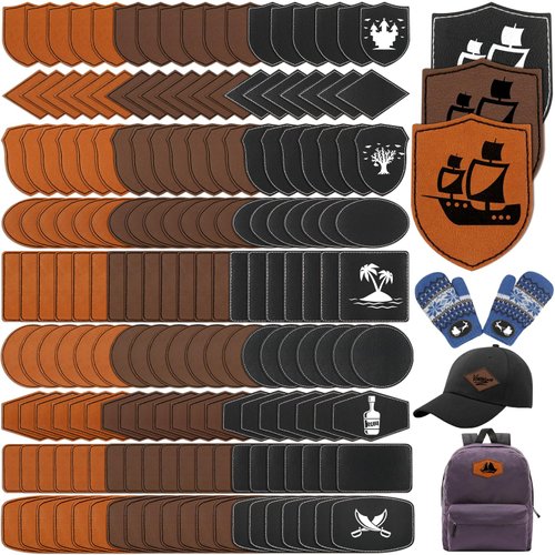 Yunlly 180 Pcs Rustic Leather Patches for Hats with Adhesive Heat Laser Engraving Blanks Patch Faux Leatherette Blank Patches for Embroidery Sew Clothing Jackets Backpack Fabric (Black, Brown, Khaki)