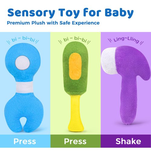 KMUYSL Baby Toys 0-6 6-12 Months, My First Tools Plush Toys -4 Pcs Sensory Playset Soft Toys with Squeaker Crinkle for 0 1 2 3 4 5 6+ Months Newborn Infant, Birthday Christmas Gifts for Boys Girls