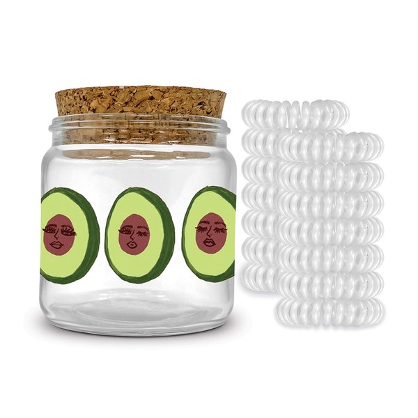 Spiral Hair Ties in Avocadoze Decorative Glass Jar by Studio Oh! - 14-Count Clear Spiral Ties for Hair with Reusable Glass Jar - Won't Damage or Crease Hair