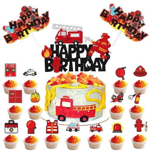 Fireman Cupcake Cake Topper Fire Hydrant Truck Firefighter Helmet Themed for Kids Boy Girl Happy Birthday Cake Decorations 33Pcs Party Supplies