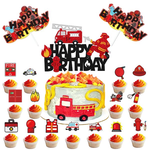 Fireman Cupcake Cake Topper Fire Hydrant Truck Firefighter Helmet Themed for Kids Boy Girl Happy Birthday Cake Decorations 33Pcs Party Supplies