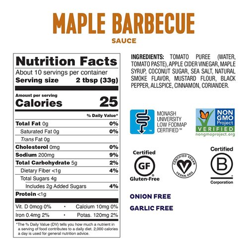 Fody Foods Maple BBQ Sauce, Low Fodmap Certified, Sensitive Recipe, Gut & IBS Friendly, 9.6oz